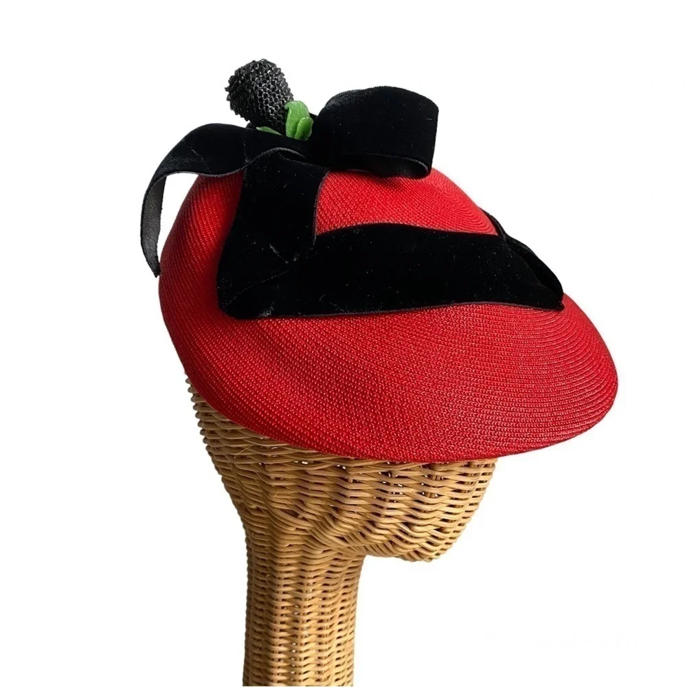 Vintage 50s Gladys & George Originals Pillbox Fascinator Hat Red Black Velvet - Picture 1 of 10